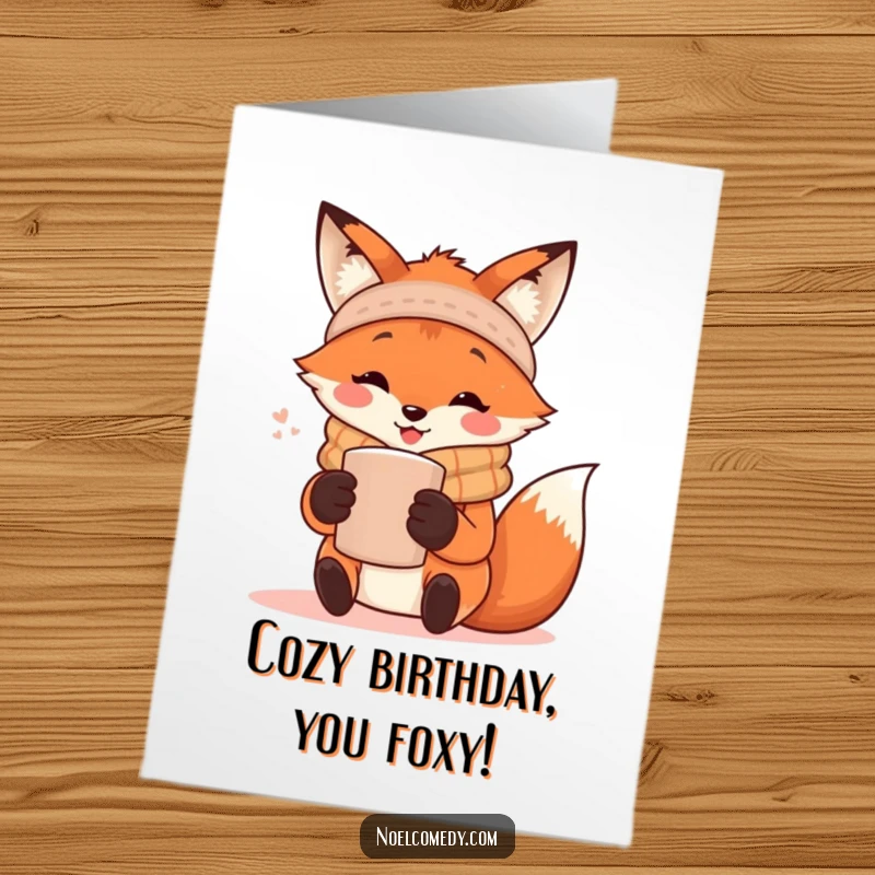 Funny Free Printable Birthday Card: Happy fox in a scarf holding a steaming mug, ready to celebrate.