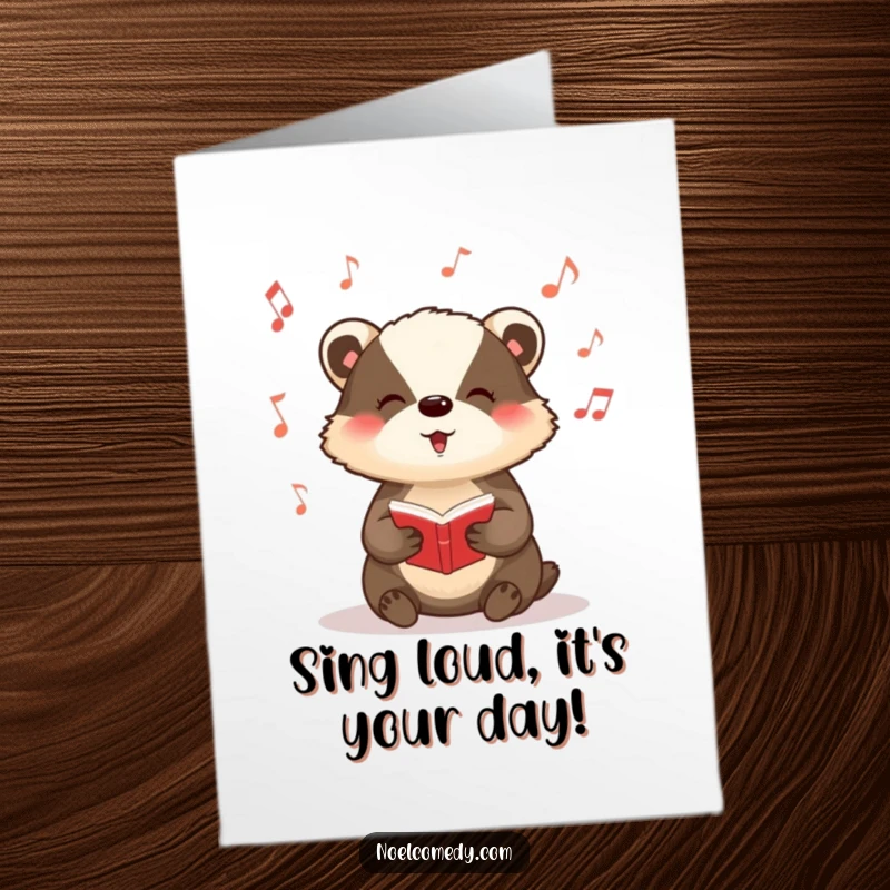Funny Free Printable Birthday Card: A joyful badger in a carolling pose, with musical notes floating around, celebrating your special day.