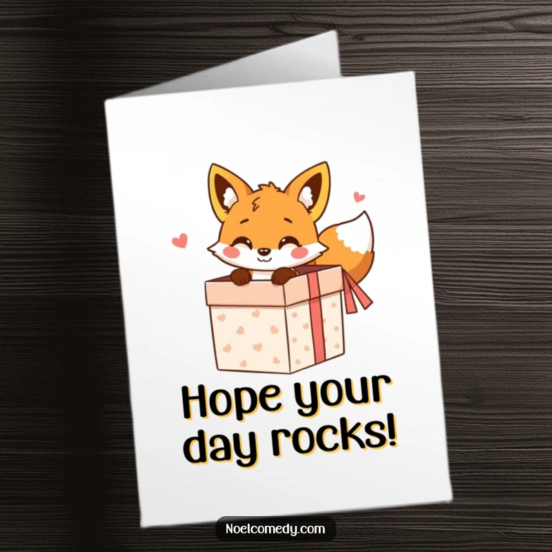 Funny Free Printable Birthday Card: A cheerful fox peeking out of a gift box, ready to celebrate.