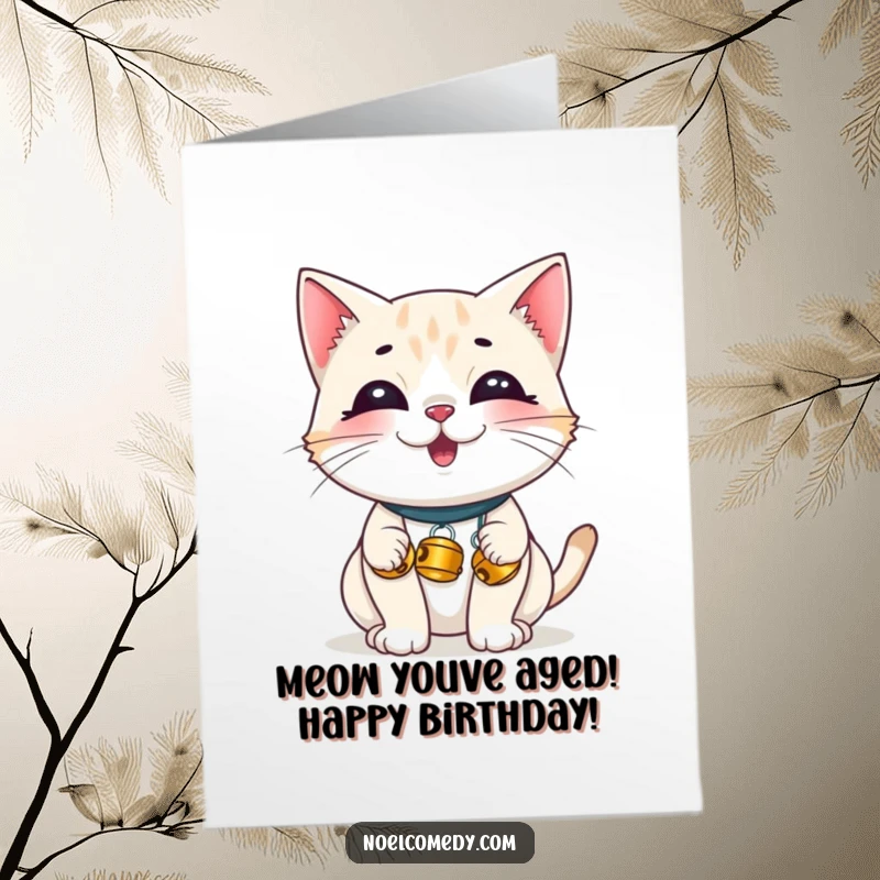 Funny Free Printable Birthday Card: A giggling cat with tiny jingle bells, a cute and humorous downloadable DIY gift.