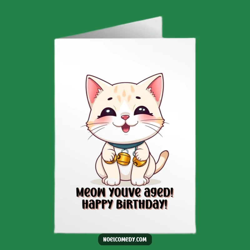 Free Printable Birthday Card: Giggling Cat with Bells, Funny Downloadable Gift