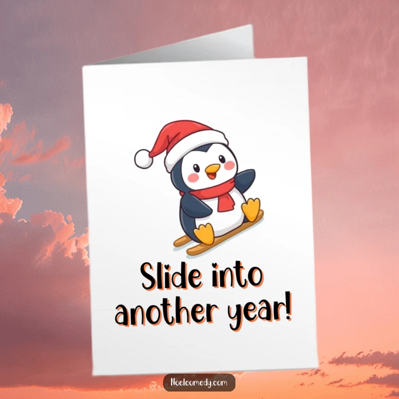 Funny Free Printable Birthday Card: Jolly penguin in a Santa hat sliding down a snowy hill with excitement.