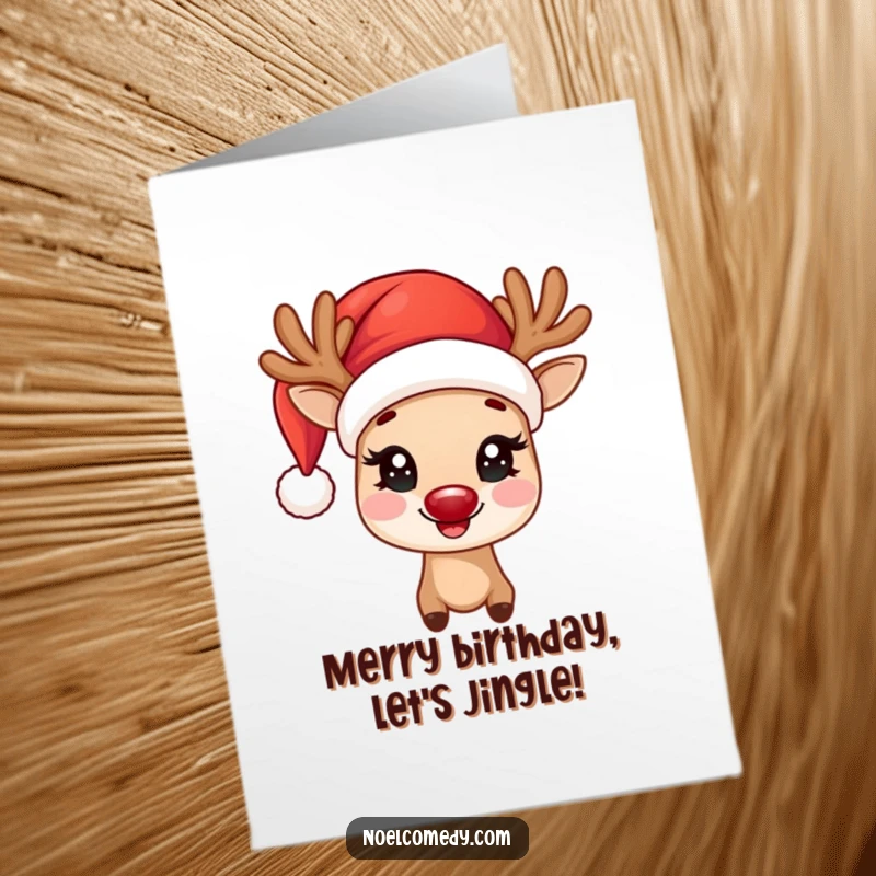 Funny Free Printable Birthday Card: Festive reindeer in a Santa hat with twinkling eyes, ready to spread birthday cheer.