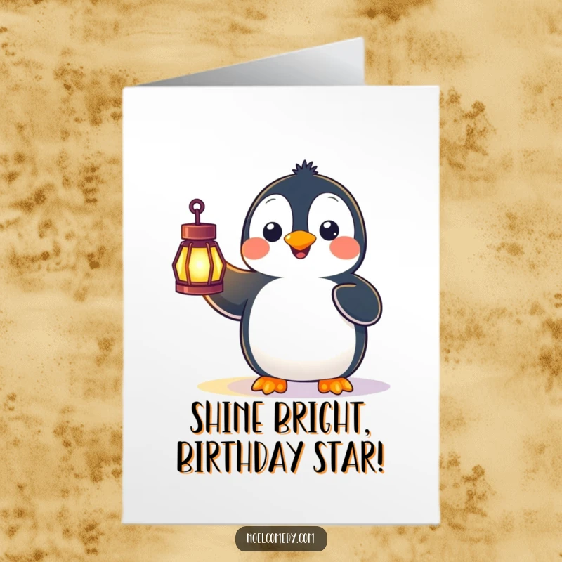 Funny Free Printable Birthday Card featuring a surprised penguin holding a glowing lantern, looking delightfully shocked.