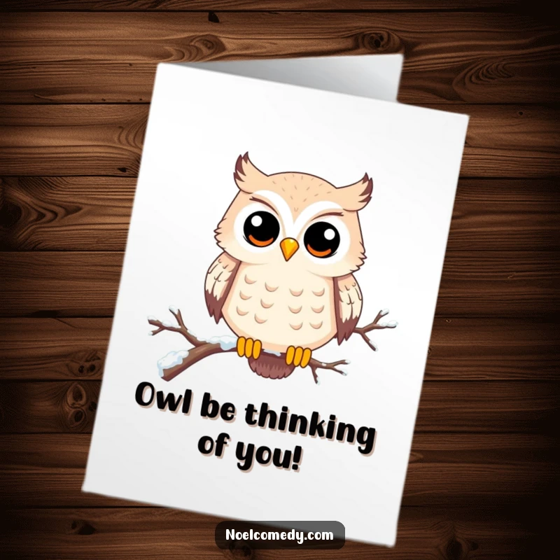 Funny Free Printable Birthday Card: A happy owl on a snowy branch with wide eyes, wishing a joyful birthday.