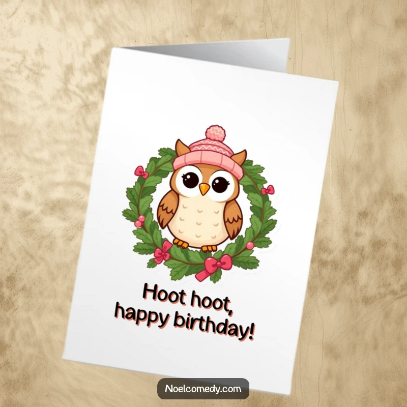 Funny free printable birthday card featuring a cheerful owl in a knitted cap on a wreath, ready to party.