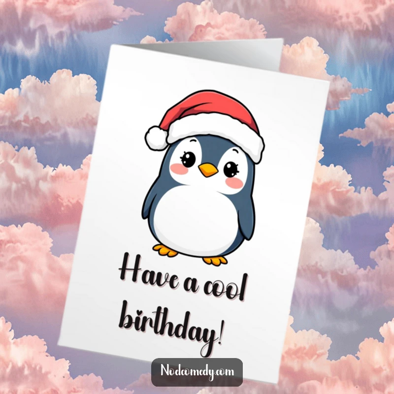 Funny Free Printable Birthday Card: A smiling penguin wearing a Santa hat, ready to wish you well.