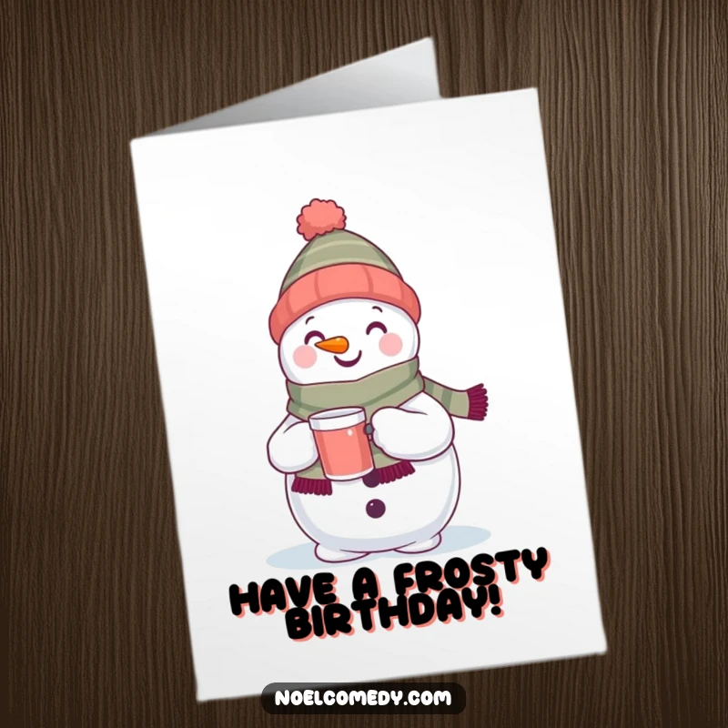 Funny Free Printable Birthday Card: A cheerful snowman in a scarf holds a warm drink, wishing a delightful birthday.