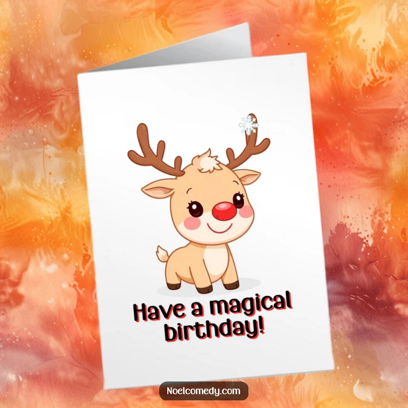 Funny Free Printable Birthday Card: A smiling reindeer with a bright red nose catching a delicate falling snowflake.