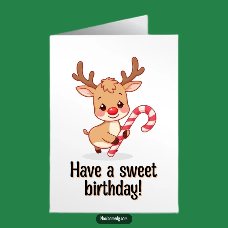 Free Printable Birthday Card: Reindeer Nudging Candy Cane Funny Downloadable Gift