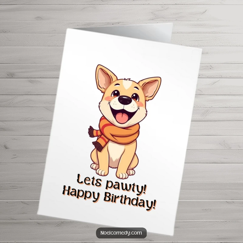Funny Free Printable Birthday Card: An excited dog wearing a festive scarf, a joyful downloadable DIY gift.