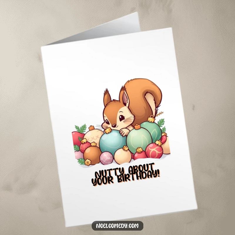 Funny free printable birthday card: Curious squirrel peeking from festive ornaments, ready for a celebration.