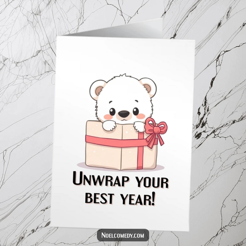 Funny Free Printable Birthday Card: Curious polar bear cub peeking from behind a brightly wrapped gift box.
