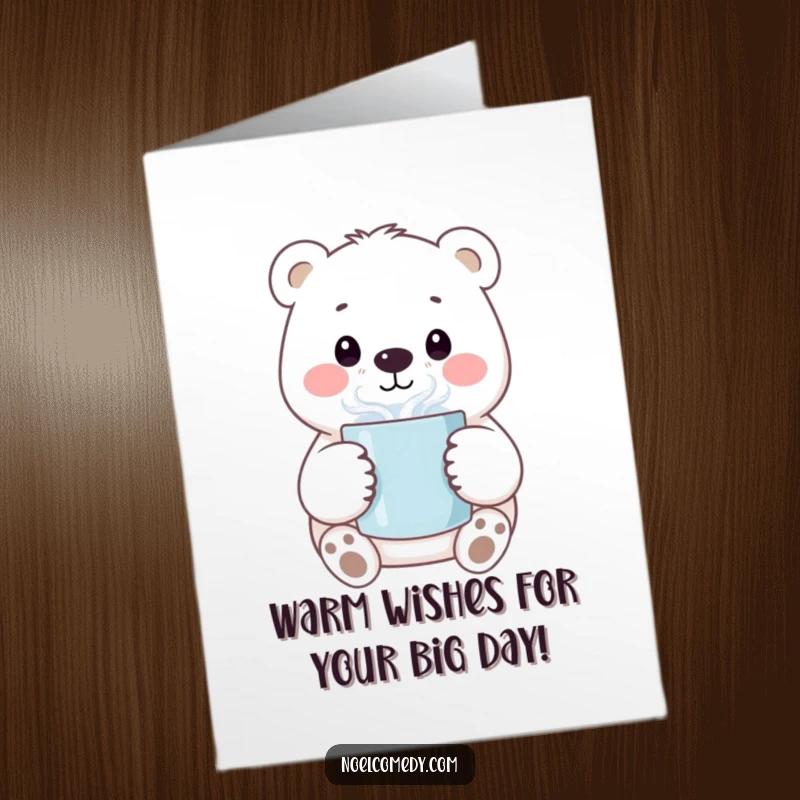 Funny Free Printable Birthday Card featuring a cheerful polar bear warmly holding a steaming mug, ready to celebrate.
