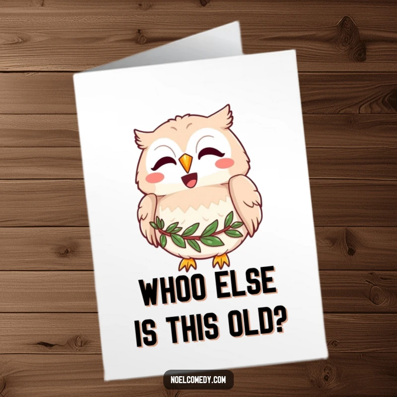 Funny Free Printable Birthday Card: Joyful Owl Wearing a Wreath Around its Neck, Hooting Merrily