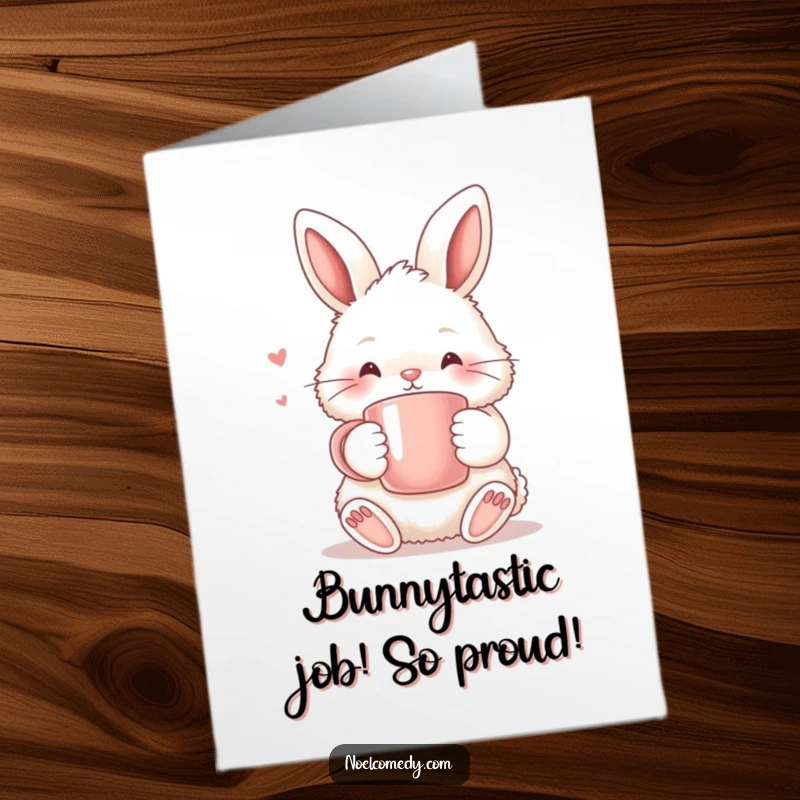 Funny Free Printable Congrats Card: A fluffy bunny holding a warm mug, ideal for a downloadable DIY congratulatory gift.