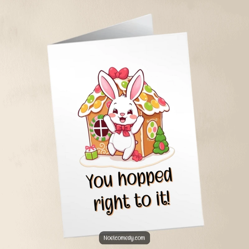 Funny Free Printable Congrats Card: A cheerful bunny decorating a gingerbread house, symbolizing a sweet victory and festive congratulations.