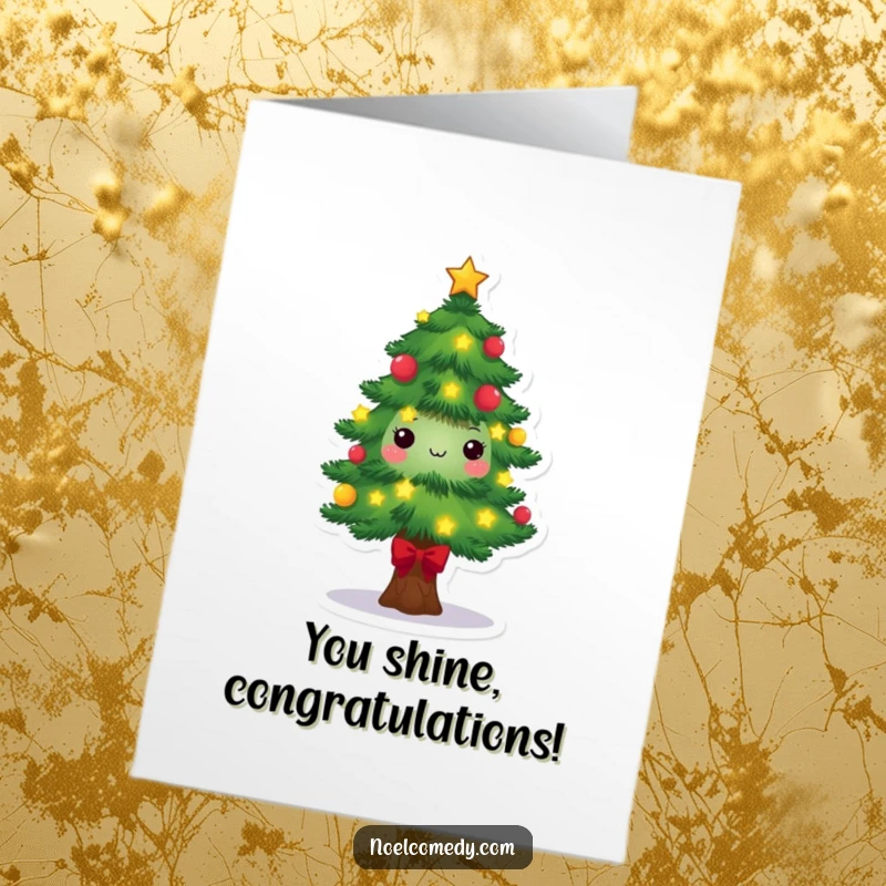 Funny Free Printable Congratulations Card: Decorated pine tree with twinkling lights and stars, celebrating success.