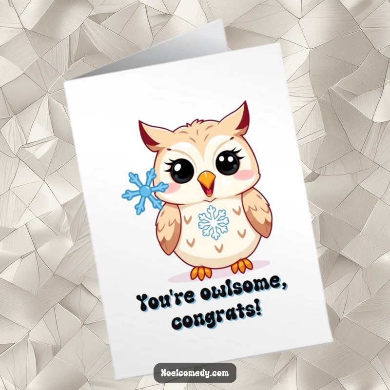 Funny Free Printable Congratulations Card: A happy owl hooting with a snowflake, celebrating your great success.