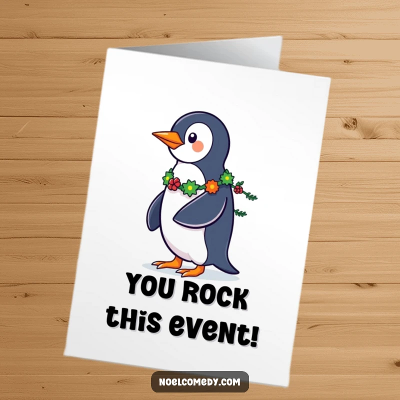 Funny Free Printable Congratulations Card: A penguin proudly struts, showcasing a vibrant tail of festive garland, perfect for congratulations.
