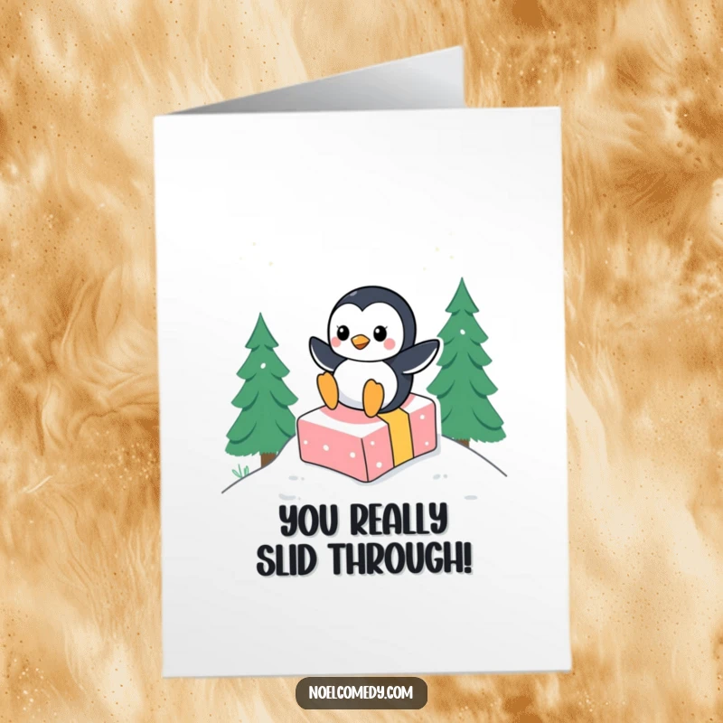 Funny Free Printable Congrats Card: An excited penguin coasting down a snowy slope atop a festive gift box.