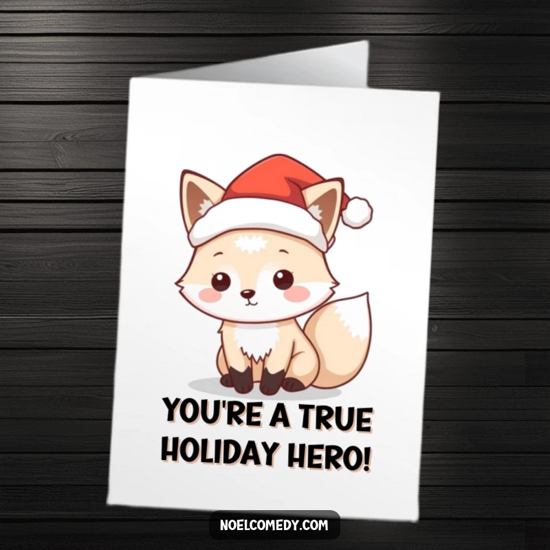 Funny Free Printable Congratulations Card showing a playful arctic fox in a Santa hat, celebrating success with holiday cheer.