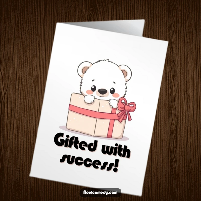 Free Printable Congratulations Card: A curious polar bear cub peeking playfully from behind a big wrapped present.