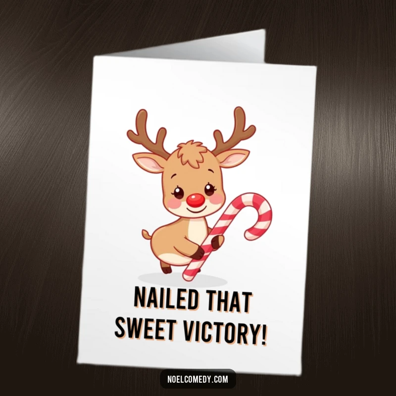 Funny Free Printable Congratulations Card of a playful reindeer nudging a candy cane with its nose, full of sweet spirit.
