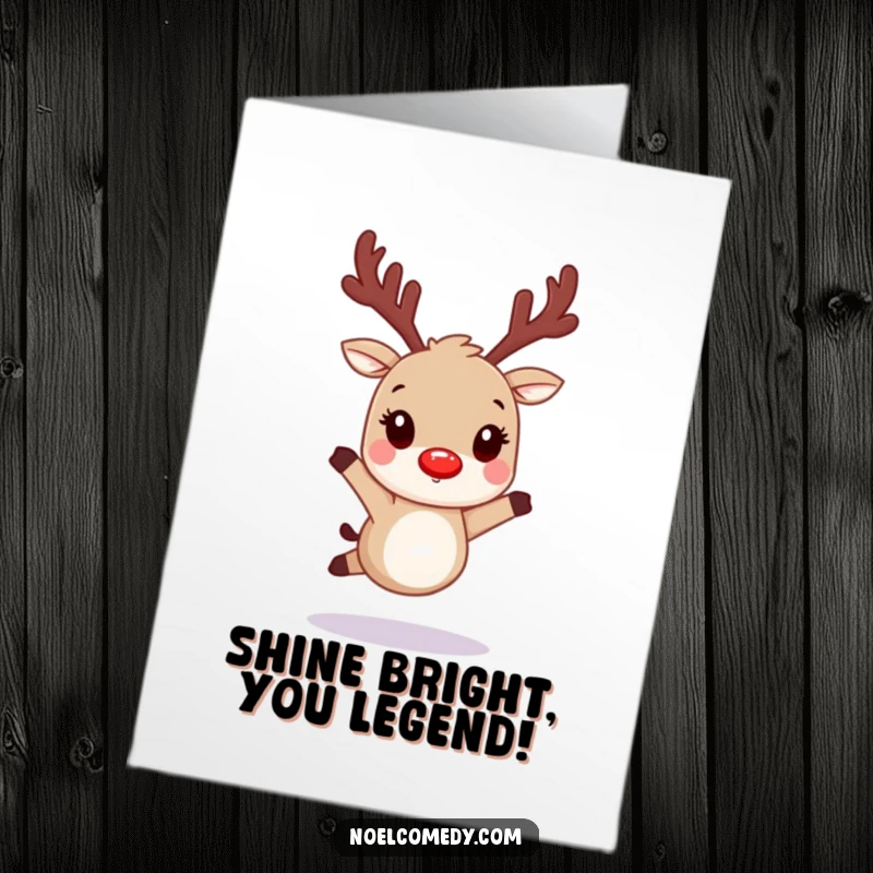 Funny Free Printable Congratulations Card showing a hopping reindeer with glowing red nostrils, celebrating a successful achievement.