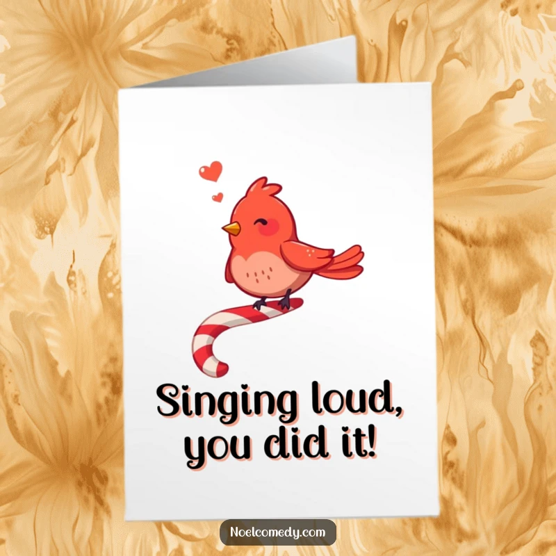 Funny Free Printable Congratulations Card: Happy red bird perched on a candy cane, singing joyfully.