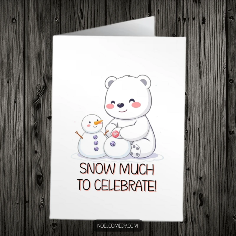 Funny Free Printable Congratulations Card: Happy Polar Bear Building a Snowman, Adding Sparkly Buttons