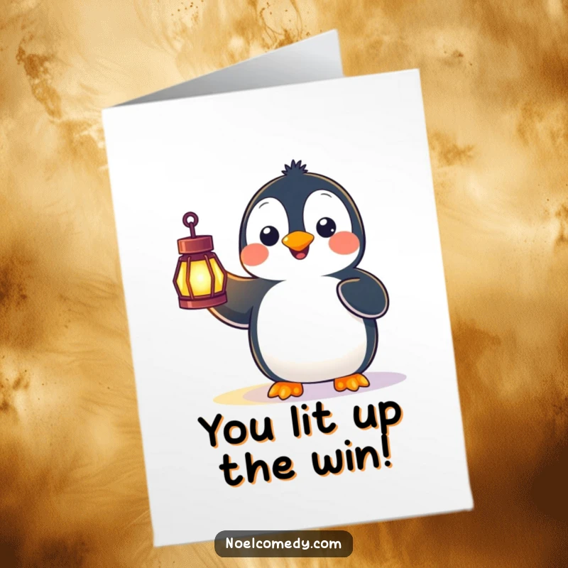Funny Free Printable Congratulations Card with a penguin looking surprised, holding a brightly glowing lantern.
