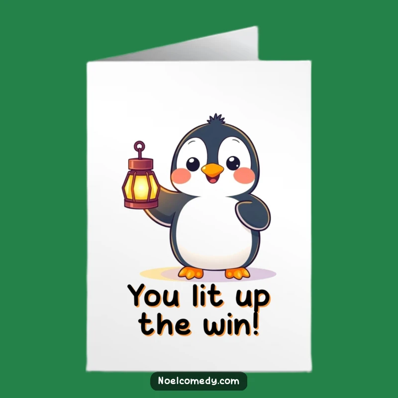 Free Printable Congrats Card: Surprised Penguin Lantern Funny Downloadable Gift