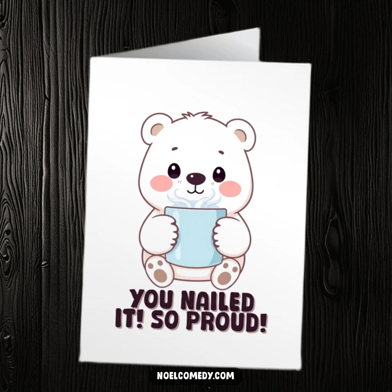 Funny Free Printable Congratulations Card showing a happy polar bear holding a steaming mug, perfect for any celebration.
