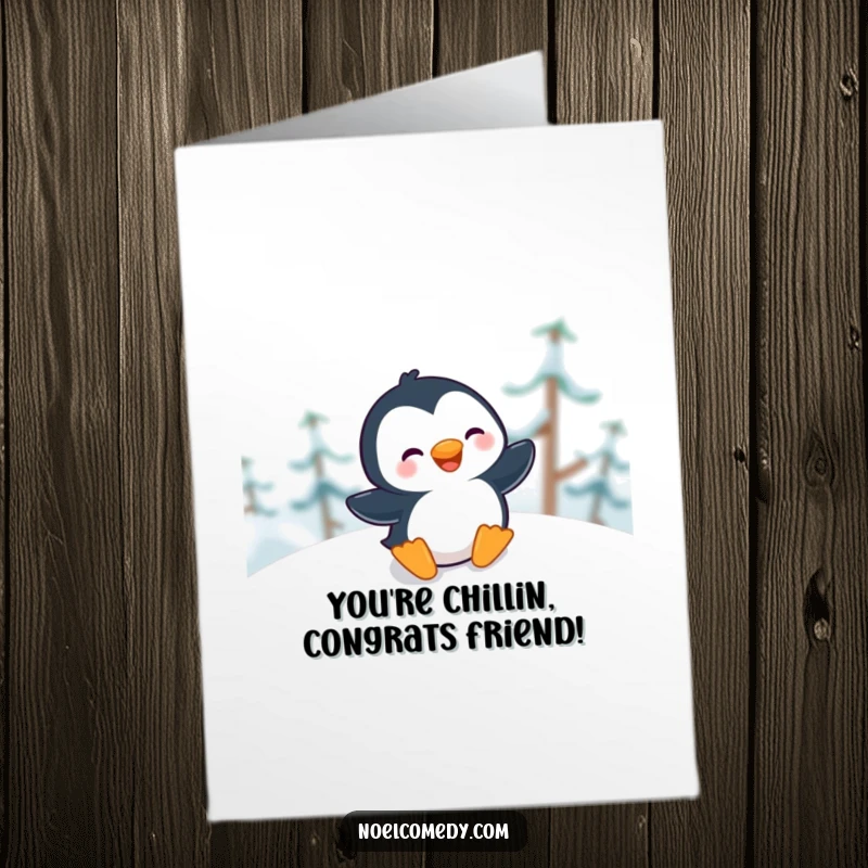 Funny Free Printable Congratulations Card: A penguin gleefully sliding down a snowy slope, celebrating success with infectious laughter.