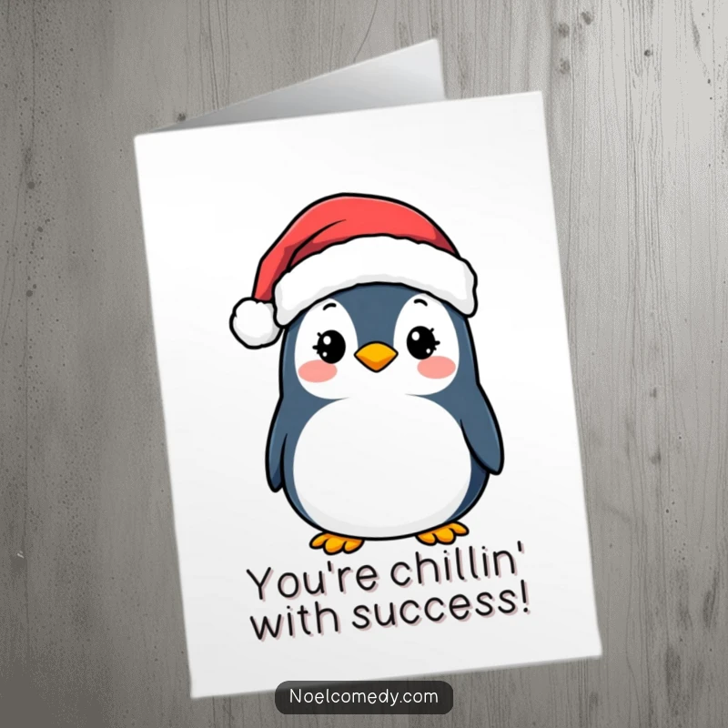 Funny Free Printable Congratulations Card: A penguin in a Santa hat, celebrating your fantastic accomplishment.