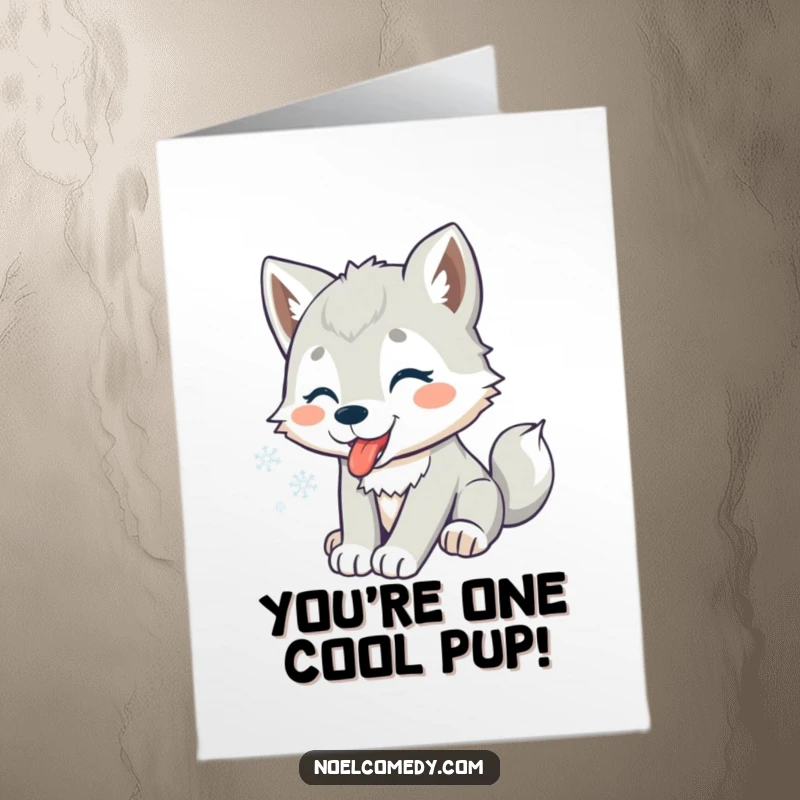 Funny Free Printable Congrats Card: A happy wolf pup catching snowflakes, symbolizing a fresh start and a cool achievement.