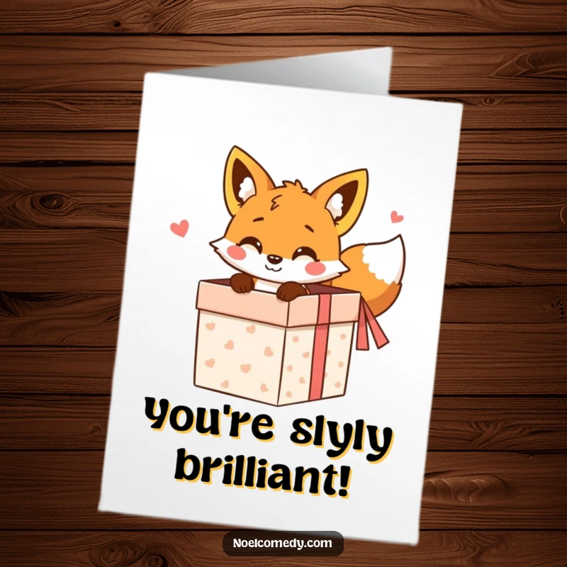 Funny Free Printable Congratulations Card: A cheerful fox peeking from a gift box, celebrating your achievement.