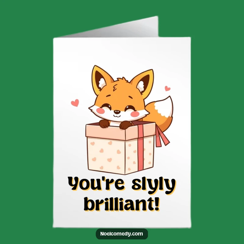 Free Printable Congrats Card: Fox Peeking Gift Box Celebrating Success Downloadable Gift