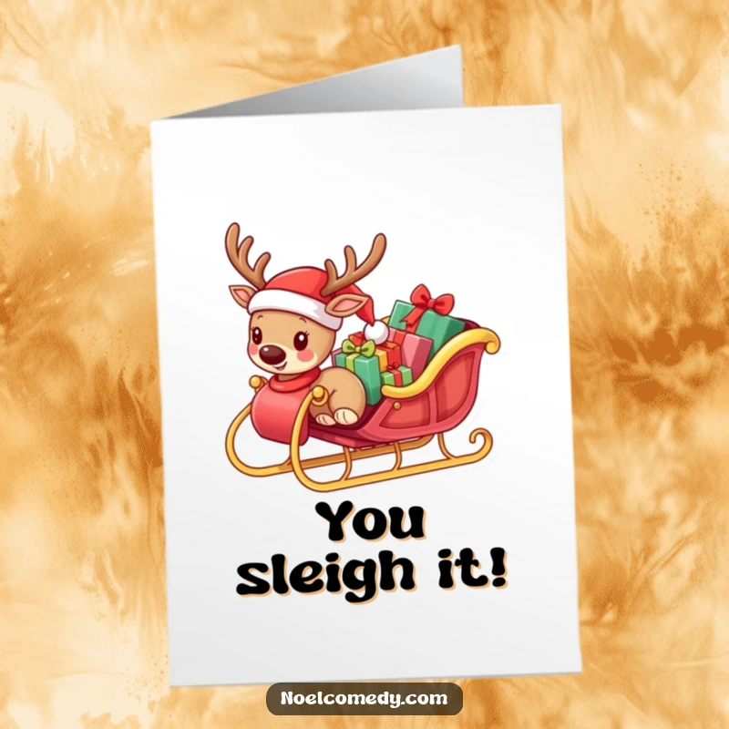 Funny Free Printable Congratulations Card: Small Reindeer Wearing Santa Hat Pulling a Sleigh Full of Presents
