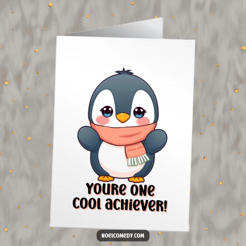 Cute Free Printable Congrats Card: A penguin in winter attire, scarf and mittens, celebrating a happy occasion.