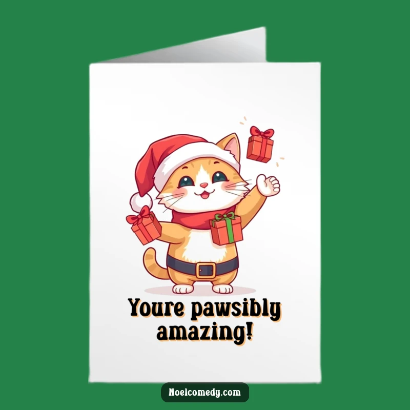 Free Printable Congratulations Card: Funny Santa Cat Juggling Gifts, Downloadable & Print at Home