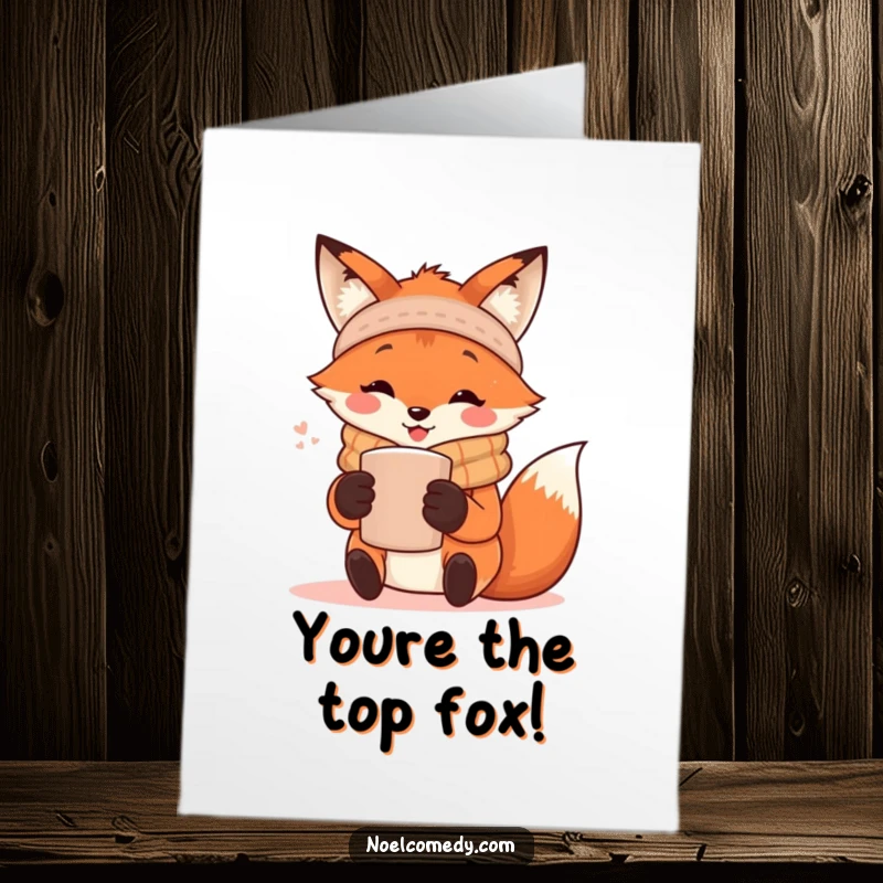 Free Printable Congratulations Card: A happy fox wearing a scarf, holding a steaming mug, celebrating success.