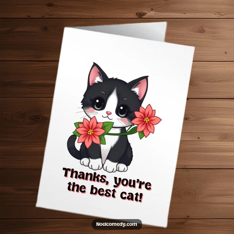 Funny Free Printable Cat Thank You Card: Black and white cat wearing a poinsettia flower, expressing thanks. Chic downloadable note.