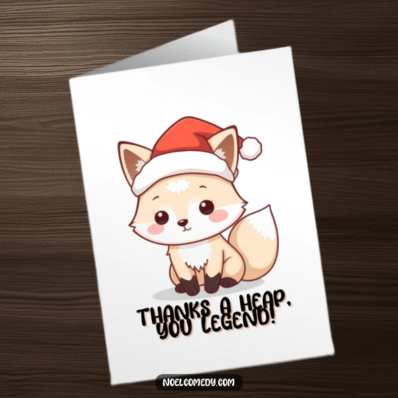 Funny Free Printable Thank You Card featuring a playful arctic fox wearing a tiny Santa hat, offering thanks with a wink.