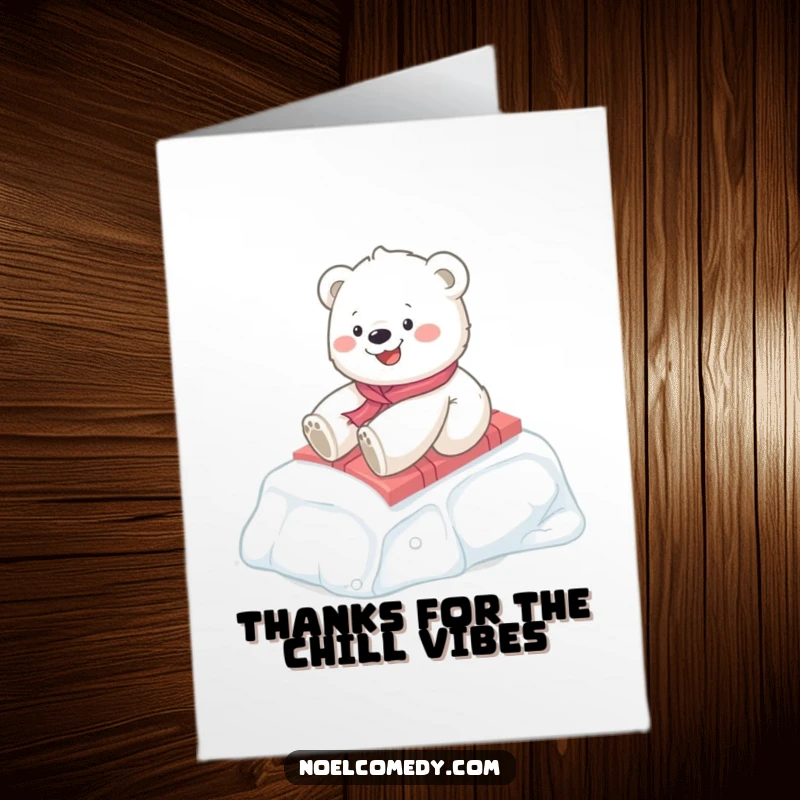 Funny Free Printable Thank You Card: A happy polar bear cub slides on a present, conveying thanks with holiday cheer.