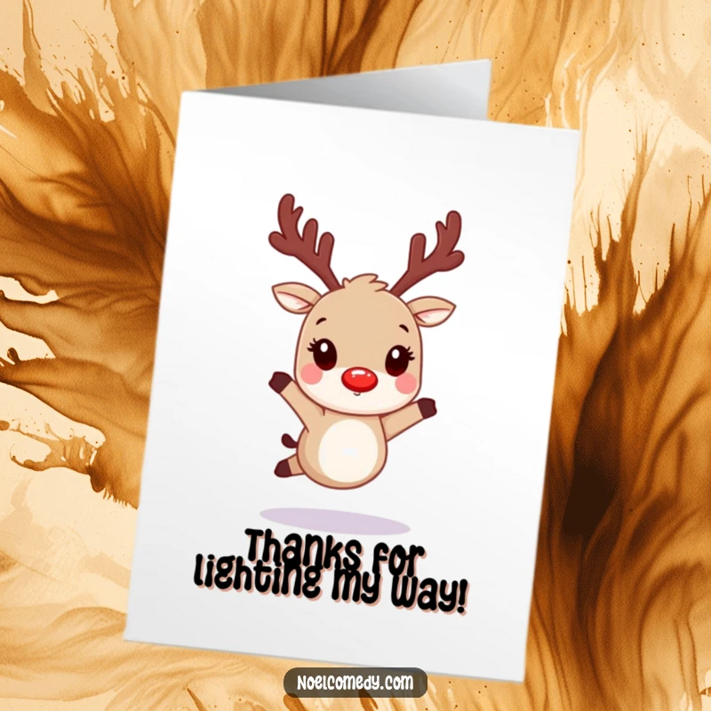 Funny Free Printable Thank You Card featuring a hopping reindeer with uniquely glowing red nostrils, sending thanks with a twinkle.