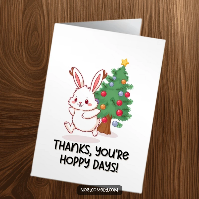 Funny Free Printable Thank You Card: A fluffy bunny with antlers hops near an evergreen, offering a humorous thank you.