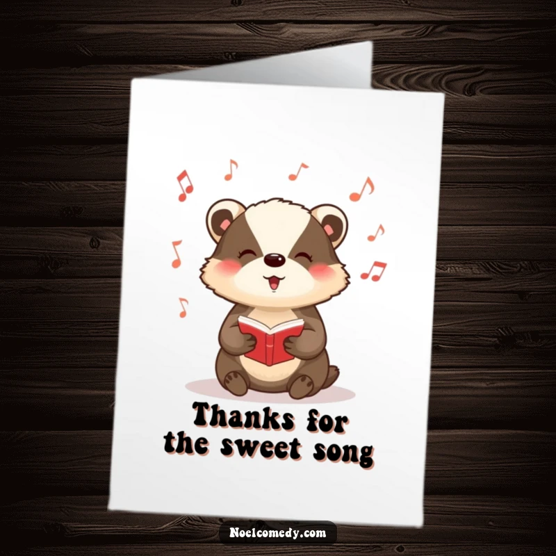 Funny Free Printable Thank You Card: A cheerful badger singing carols with musical notes, expressing thanks in a unique way.