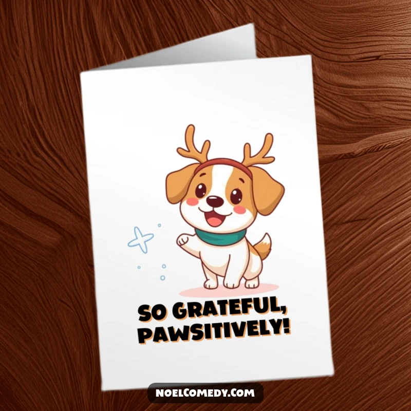 Funny Free Printable Thank You Card: A happy dog in a reindeer headband chases a snowflake, making a humorous and endearing thank you.